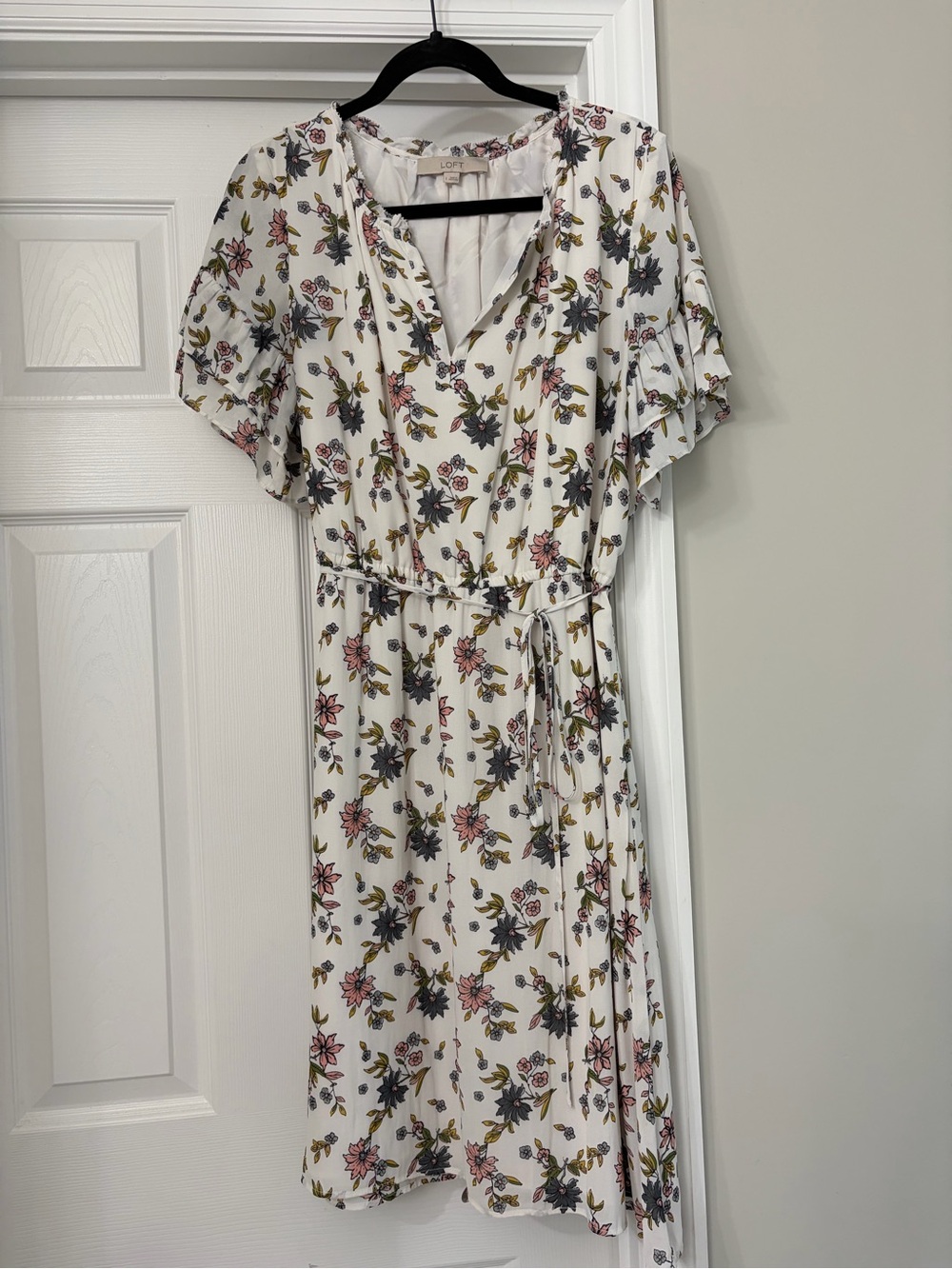 LOFT White Floral Midi Dress with Pink & Green Accents